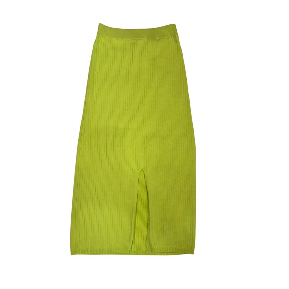 NWT Free People Skyline Midi Skirt Neon Lime Ribbed Knit Bodycon Slit S Bright - Picture 3 of 16